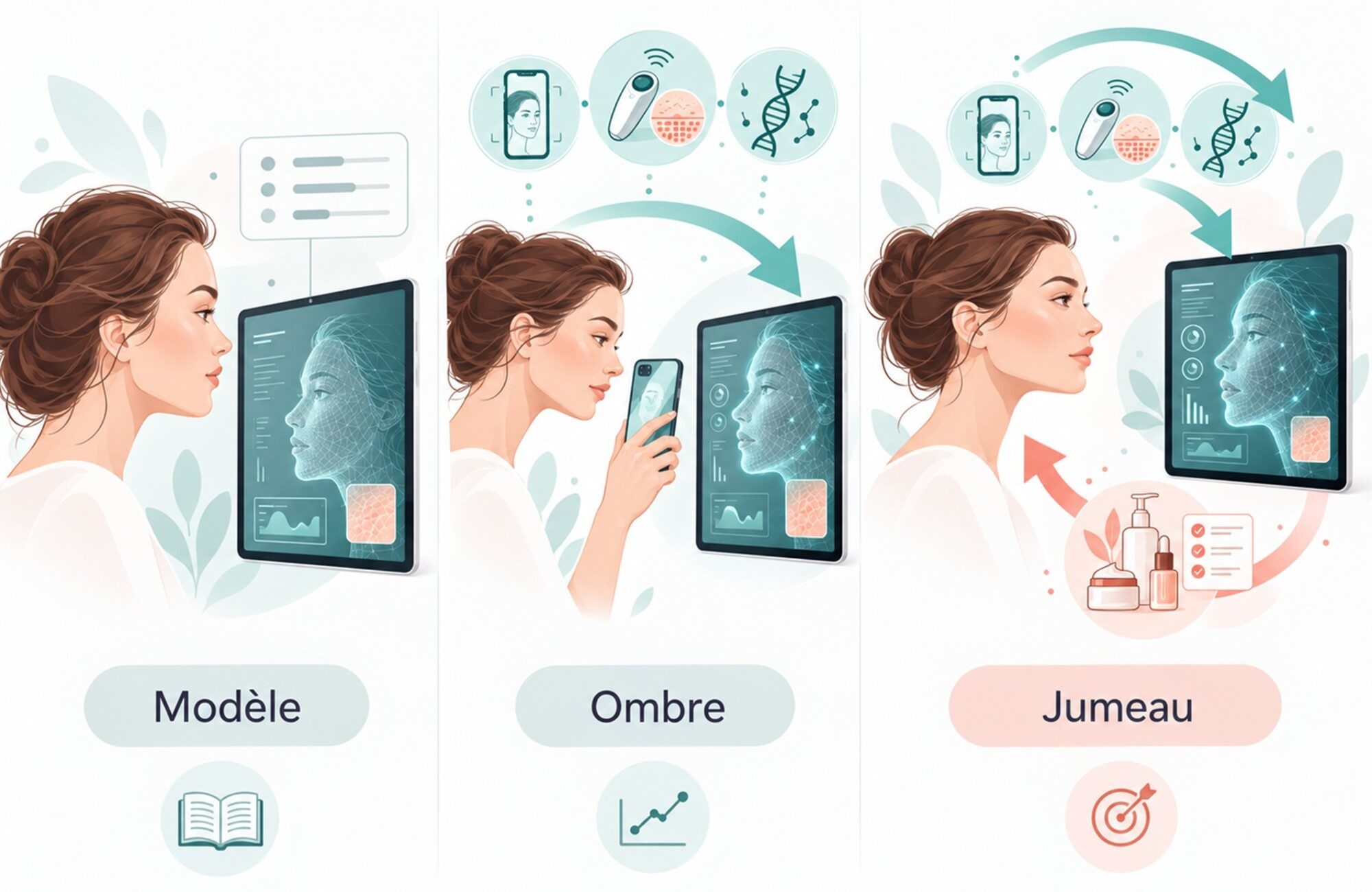 Trois schémas côte à côte : le modèle (valeurs saisies à la main), l'ombre (les données remontent seules de la peau vers le programme) et le jumeau (la boucle est fermée, des décisions redescendent vers la personne).